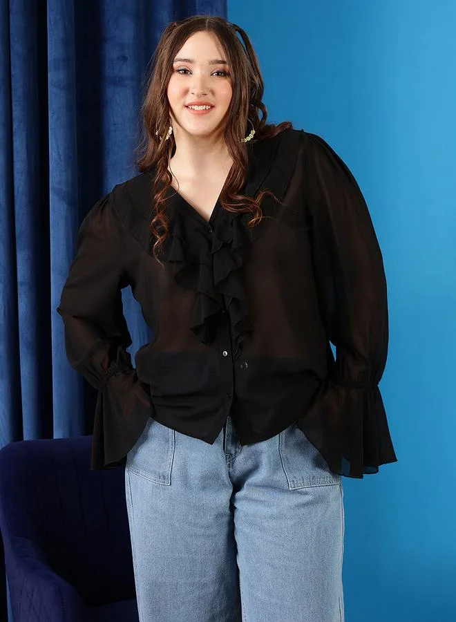 STREET 9 STREET 9 Women Black Sheer Ruffled Top