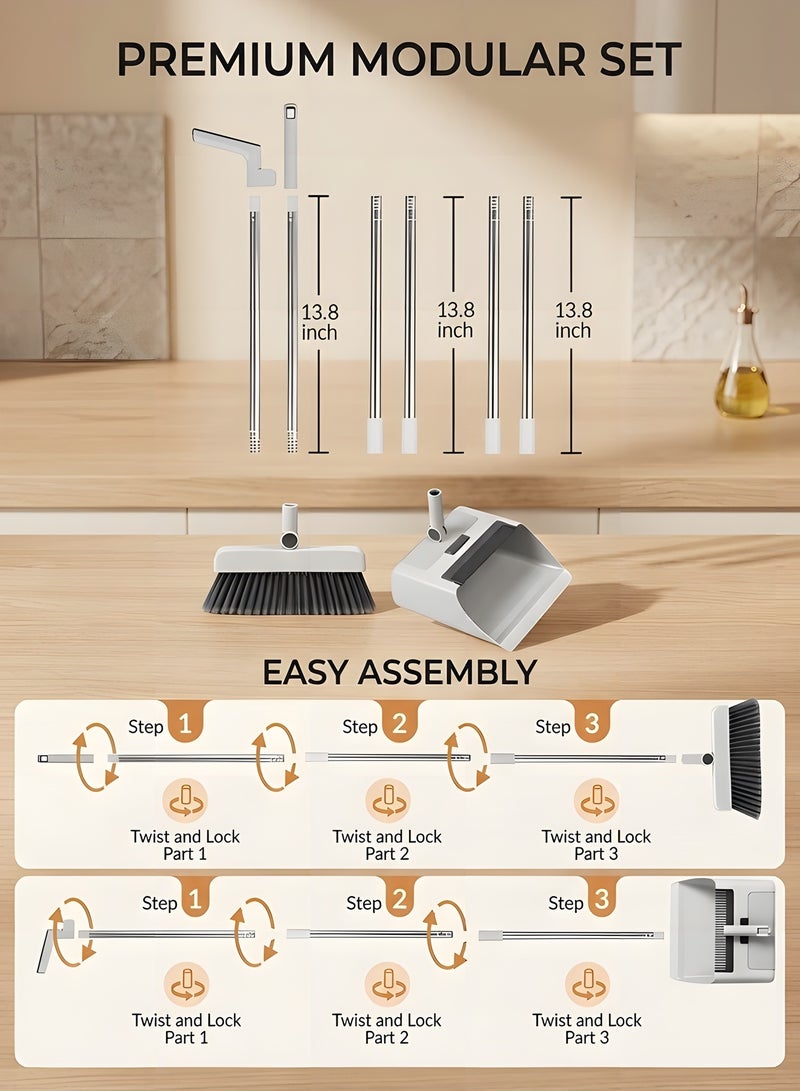 بيوينتي مجموعة مكنسة وجاروف بيوينتي  مكنسة ثلاثية في واحد مع جاروف  مجموعة مكنسة وجاروف بمقبض طويل  مكنسة وجاروف للتنظيف  مكنسة دفع للاستخدام الداخلي والخارجي  مكانس مثالية للمنزل والمطبخ والغرفة والمكتب والردهة والأرضية - Image 2