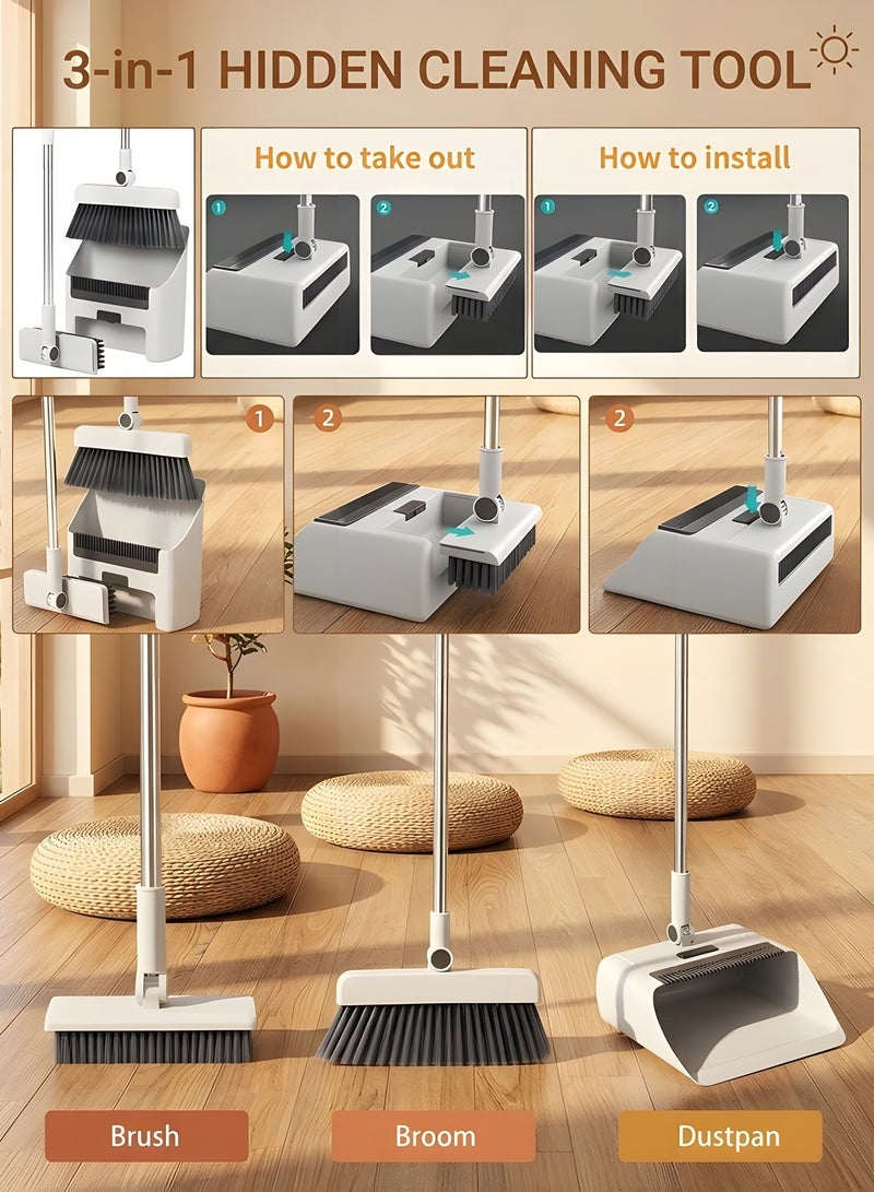 بيوينتي مجموعة مكنسة وجاروف بيوينتي  مكنسة ثلاثية في واحد مع جاروف  مجموعة مكنسة وجاروف بمقبض طويل  مكنسة وجاروف للتنظيف  مكنسة دفع للاستخدام الداخلي والخارجي  مكانس مثالية للمنزل والمطبخ والغرفة والمكتب والردهة والأرضية - Image 3