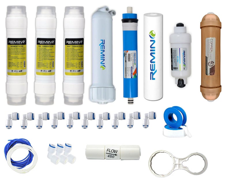 Remino RO Service kit with Copper Filter, Membrane of Carbon and Sediment Filter, 80 GPD Membrane, UF Membrane with Copper Filter - Image 1