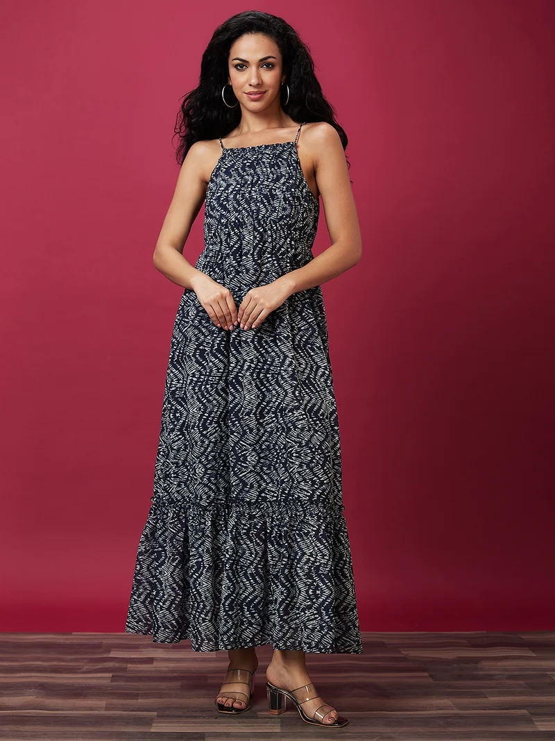globus Women Ethnic Motifs Printed Shoulder Strap Tiered Maxi Dress