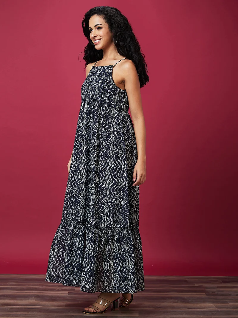 globus Women Ethnic Motifs Printed Shoulder Strap Tiered Maxi Dress