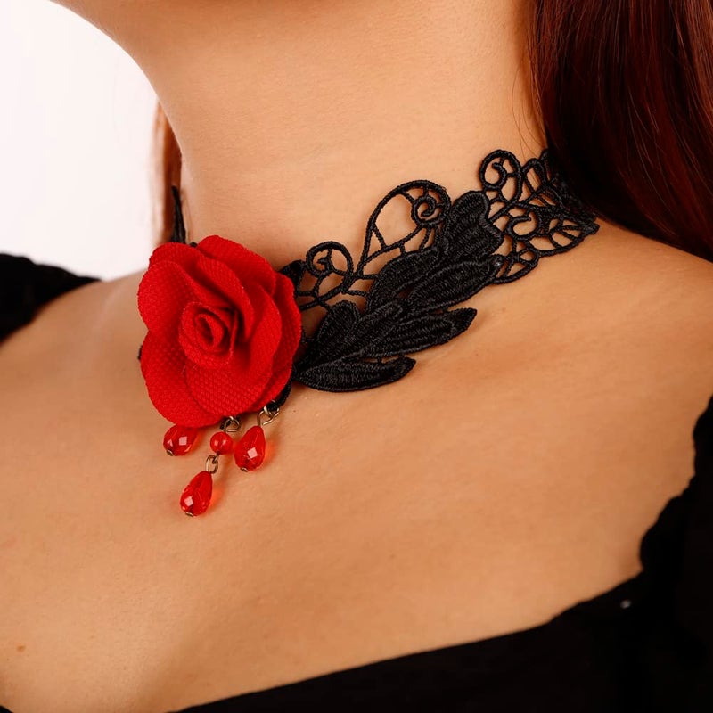 Missgrace Punk Vintage Black Lace Shiny Red Flower Crystal Choker Necklace for Women Chunky Short Necklace Black Chain Necklace for Women - Image 2