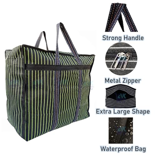 EVK® Multipurpose Extra Large Bag Big Heavy Duty Storage Organizer Reusable Canvas Shopper Bag with Strong Handles and Base with Covers Zip Black and Green (Pack of 4) - Image 2