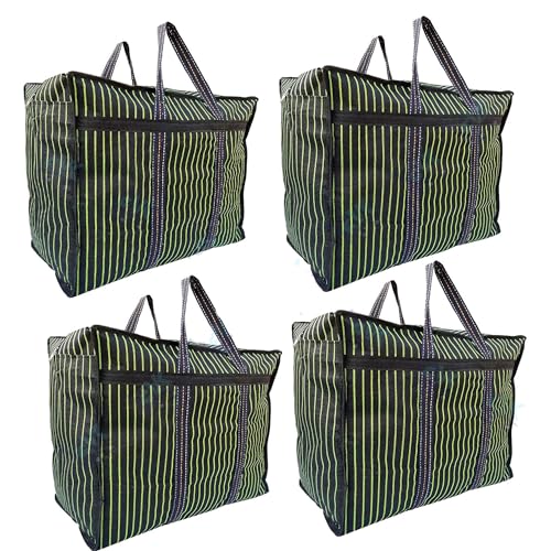 EVK® Multipurpose Extra Large Bag Big Heavy Duty Storage Organizer Reusable Canvas Shopper Bag with Strong Handles and Base with Covers Zip Black and Green (Pack of 4) - Image 1