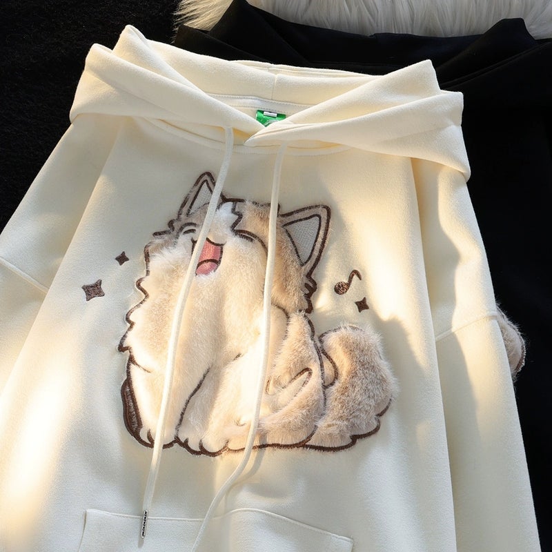 2024 Cartoon Embroidered Hoodie Women Autumn Oversize Black - Image 4