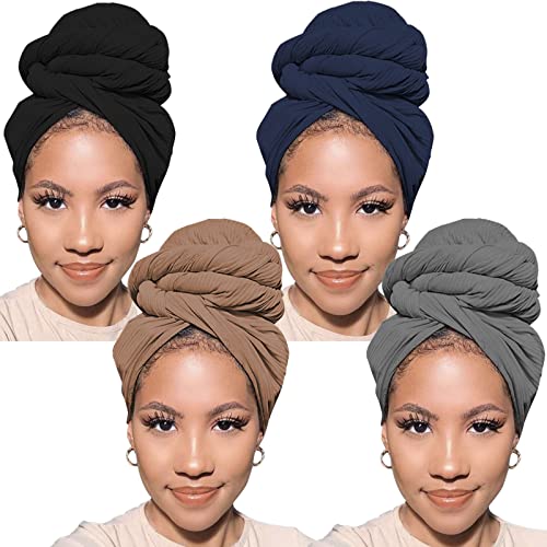 PWEOUKE 4 Pieces Stretch Turban Headwraps for Black Women African Knit Head Scarves Solid Color Extra Long Breathable Urban Headband Tie - Image 1