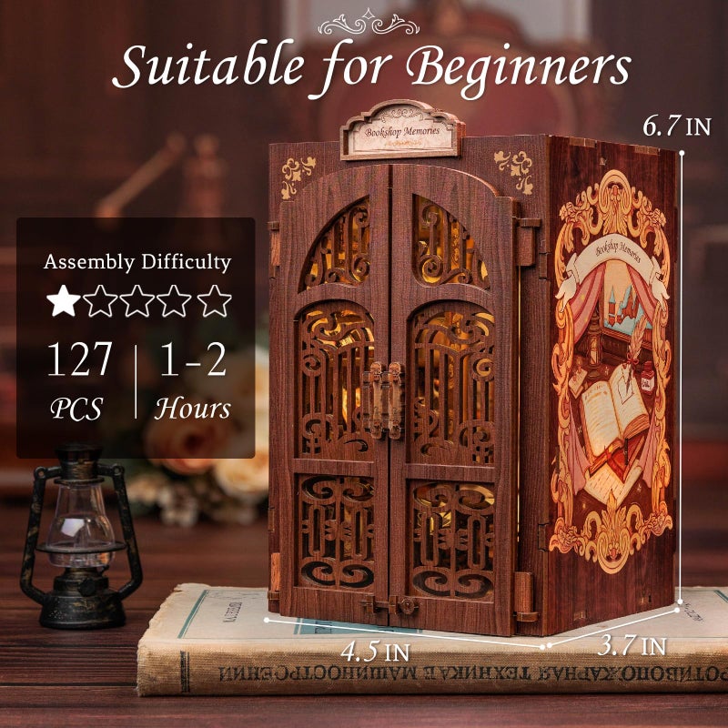 CUTEBEE Book Nook Kit - DIY Miniature House Dollhouse Kit for Adult and Teens, Booknook Bookshelf Decor Alley Model Build with LED Light, Gifts for Family and Friends (Bookshop Memories) - Image 5