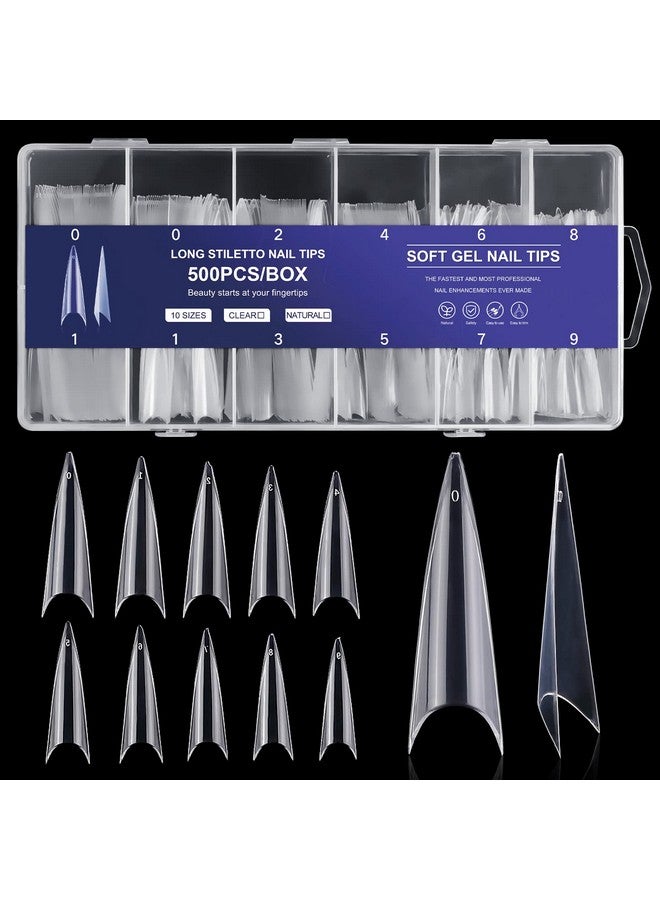 krofaue 500PCS Stiletto Nail Tips Extra Long Nails Clear Nail Tips 10 Sizes Half Cover Nail Tips XL Stiletto Shape Nail Tips Artificial Acrylic Nails Pointed Press On Nails with Box for Nail Salon DIY - Image 1