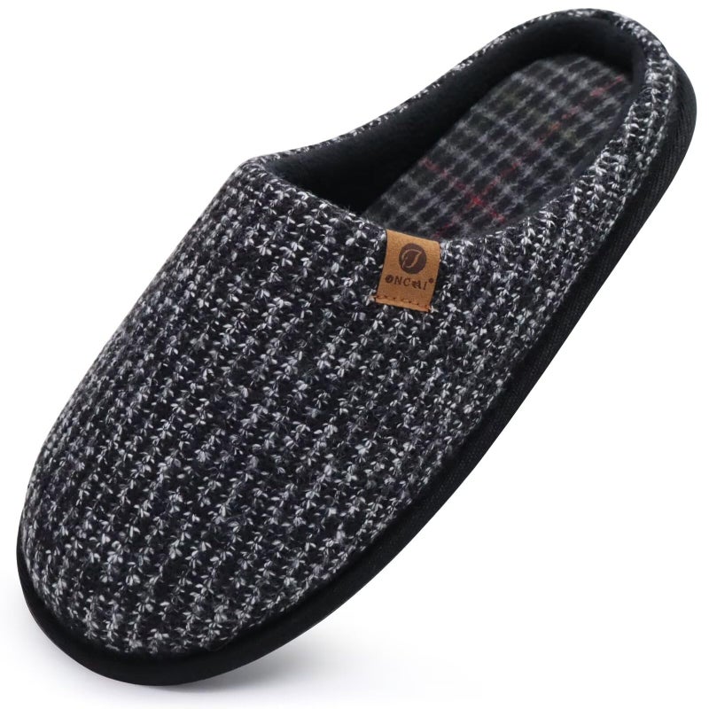 ONCAI Mens Black Knit Stripes Cozy Memory Foam scuff Slippers Slip On Warm House Shoes Indoor/Outdoor With Best Arch Surpport Size 11 - Image 1