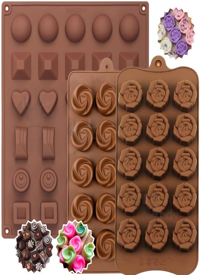 Undy Chocolate Mould Silicone Rose Heart Square Round Sphere Rectangle Pyramid Shape Chocolate Mould for Chocolate Making Multipurpose Jelly Ice Cubes Cake Decoration Tools, 3 PCS, Brown - Image 1