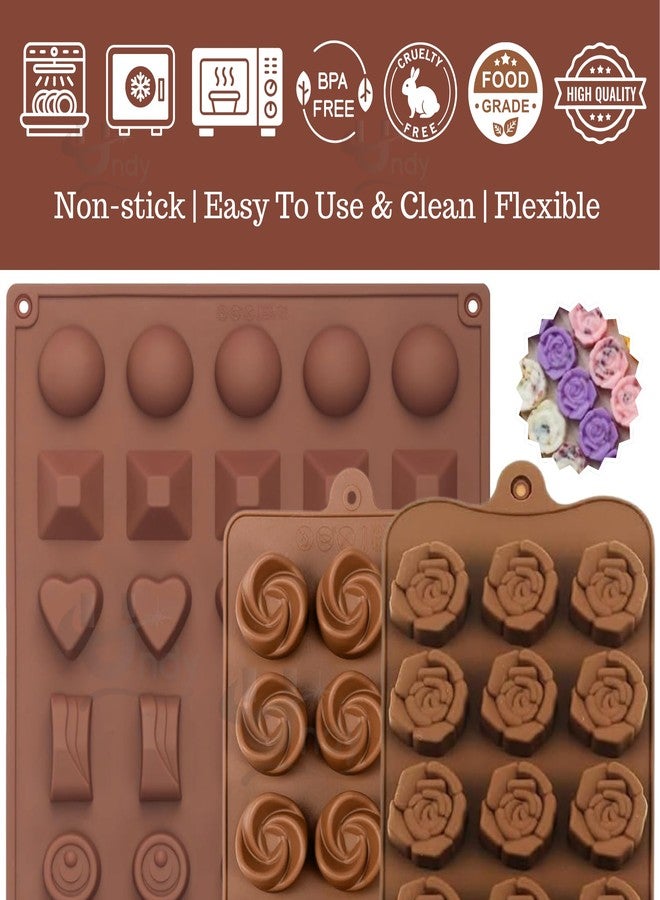 Undy Chocolate Mould Silicone Rose Heart Square Round Sphere Rectangle Pyramid Shape Chocolate Mould for Chocolate Making Multipurpose Jelly Ice Cubes Cake Decoration Tools, 3 PCS, Brown - Image 3