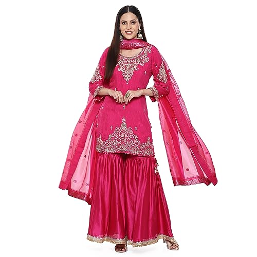 BIBA Women Viscose Embroidery Straight Salwar Kurta Dupatta(Skdkinari8925_Fuchsia_36), Purple - Image 1