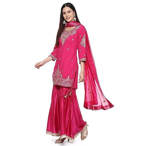 BIBA Women Viscose Embroidery Straight Salwar Kurta Dupatta(Skdkinari8925_Fuchsia_36), Purple - Image 2
