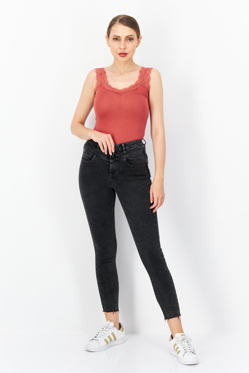 promod Women Skinny Fit Solid Stretchable Denim Jeans, Charcoal - Image 2