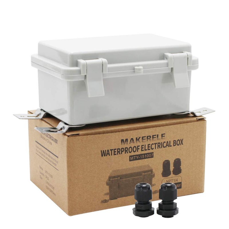 MAKERELE Outside Small Outdoor Junction Box Waterproof Electrical with Lock and Wall Bracket 5.9" 3.9" 2.8" (15010070mm) Hinged Cover Grey Plastic Clip Project ABS Plastic Case with 2 NPT 1/4â€ Glands - Image 1
