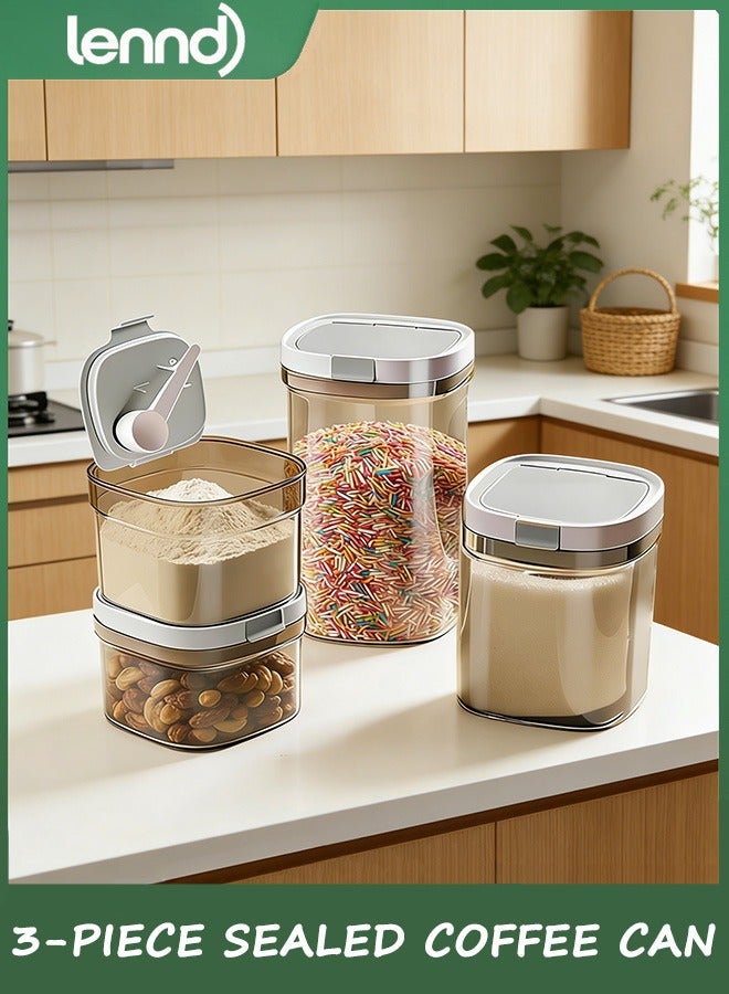 LENND Airtight coffee jars set of three, coffee storage containers with spoon, kitchen food storage jars for coffee grounds, coffee beans, tea, sugar, flour, grains - Image 1