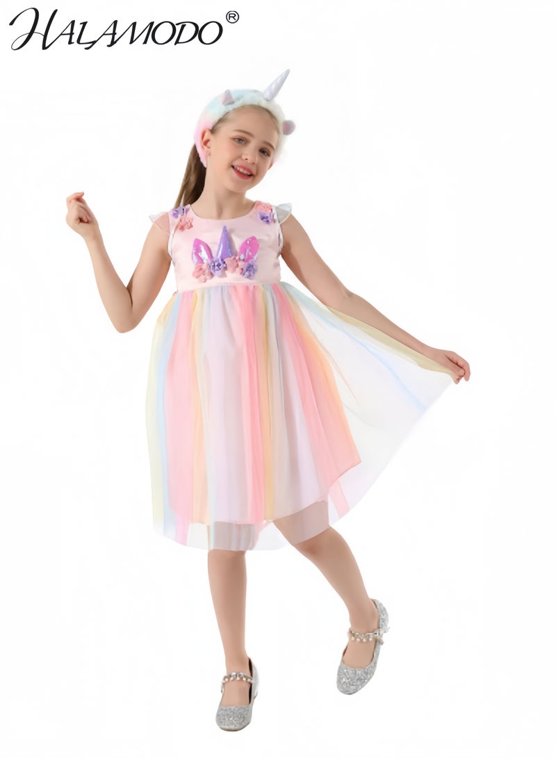 HALAMODO Unicorn Costume Princess Unicorn Dress Fancy Dress Sequin Sleeveless Mesh Rainbow Dress for Kids & Toddlers Birthday Party - Image 3