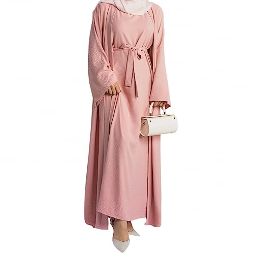 khalat 2PCS Women's Muslim Dresses Abaya Islamic Dubai Prayer Dress Robe Long Cardigan Maxi Dress Pink - Image 1