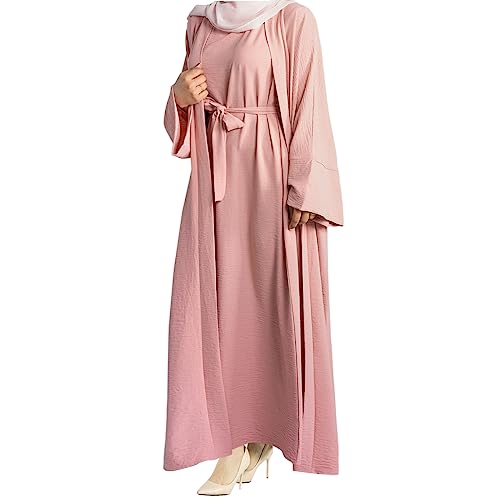 khalat 2PCS Women's Muslim Dresses Abaya Islamic Dubai Prayer Dress Robe Long Cardigan Maxi Dress Pink - Image 2