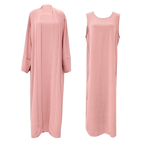 khalat 2PCS Women's Muslim Dresses Abaya Islamic Dubai Prayer Dress Robe Long Cardigan Maxi Dress Pink - Image 5