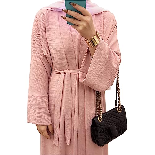 khalat 2PCS Women's Muslim Dresses Abaya Islamic Dubai Prayer Dress Robe Long Cardigan Maxi Dress Pink - Image 4