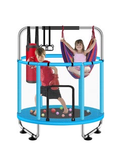 Pokuula Kids Trampoline with Safety Enclosure Net, Indoor & Outdoor Trampoline for Children with Swing, Horizontal Bar, Basketball Hoop, and Sandbag - Perfect for Toddlers and Recreational Use, 1.4m Blue  - Image 1