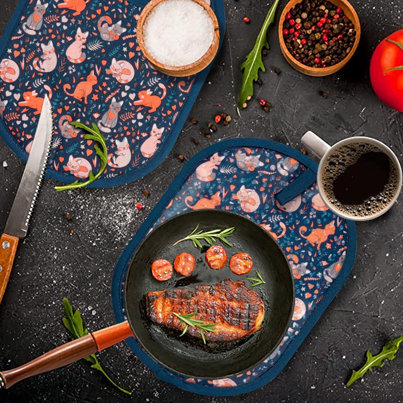 RED LMLDETA Pot Holders Set of 2 with Transparent Clear Silicone Shell and Nice Cat Flower Cotton Lining, Heat Resistant to 500 F Kitchen Oven Gloves Pot Holder for Cooking (Navy, Cat, Potholders) - Image 4