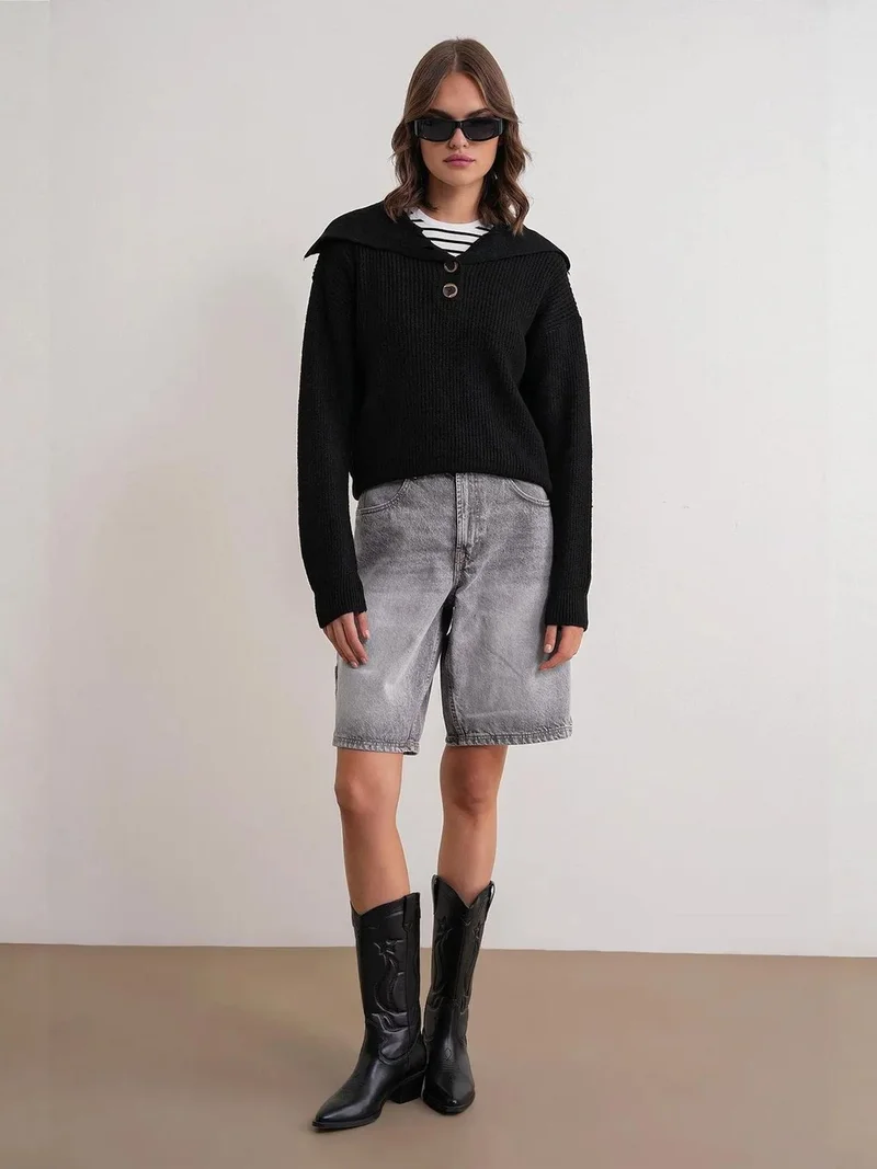 MixRay Mixray Buttoned Wide Collar Knit Sweater