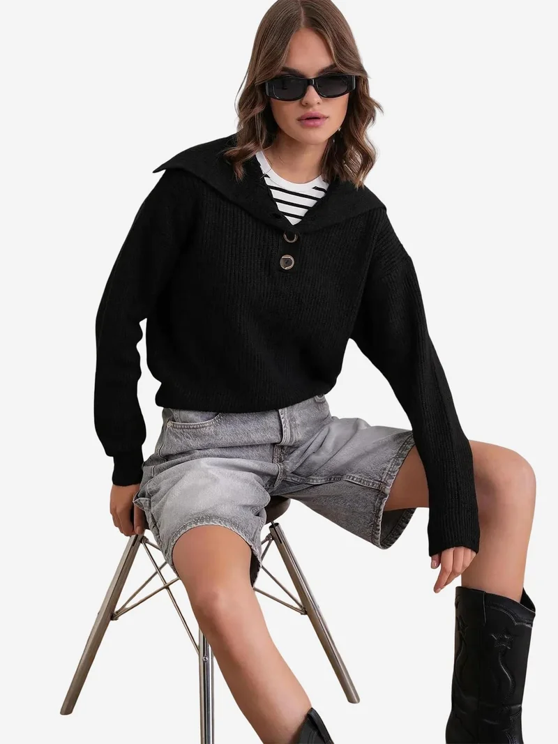 MixRay Mixray Buttoned Wide Collar Knit Sweater
