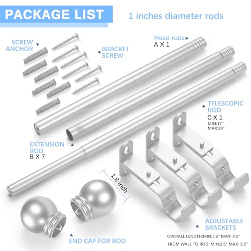 AMZSEVEN Curtain Rods for Windows 16 to 136 Inches, Curtain Rod Max Adjustable Length of 144 IN, 1" Diameter Drapery Rods Round Finials, Satin Silver, Pack of 1 - Image 3