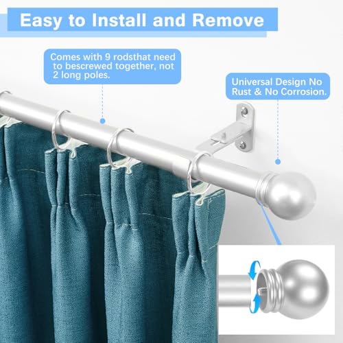 AMZSEVEN Curtain Rods for Windows 16 to 136 Inches, Curtain Rod Max Adjustable Length of 144 IN, 1" Diameter Drapery Rods Round Finials, Satin Silver, Pack of 1 - Image 2
