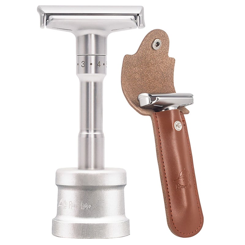 River Lake Travel Double Edge Safety Razor, River Lake RZ700 Long Handle Adjustable Classic Safety Shaver Razor (Razor with Protective Case and Stand) - Image 1
