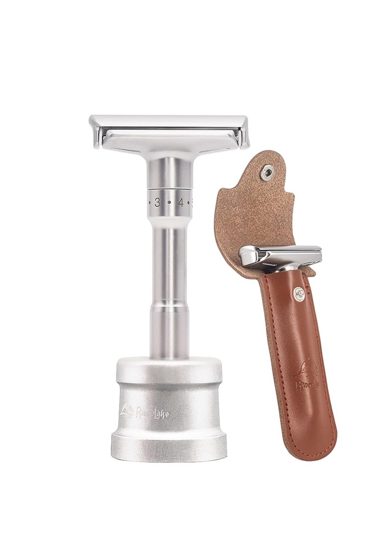 River Lake Travel Double Edge Safety Razor, River Lake RZ700 Long Handle Adjustable Classic Safety Shaver Razor (Razor with Protective Case and Stand)  - Image 1