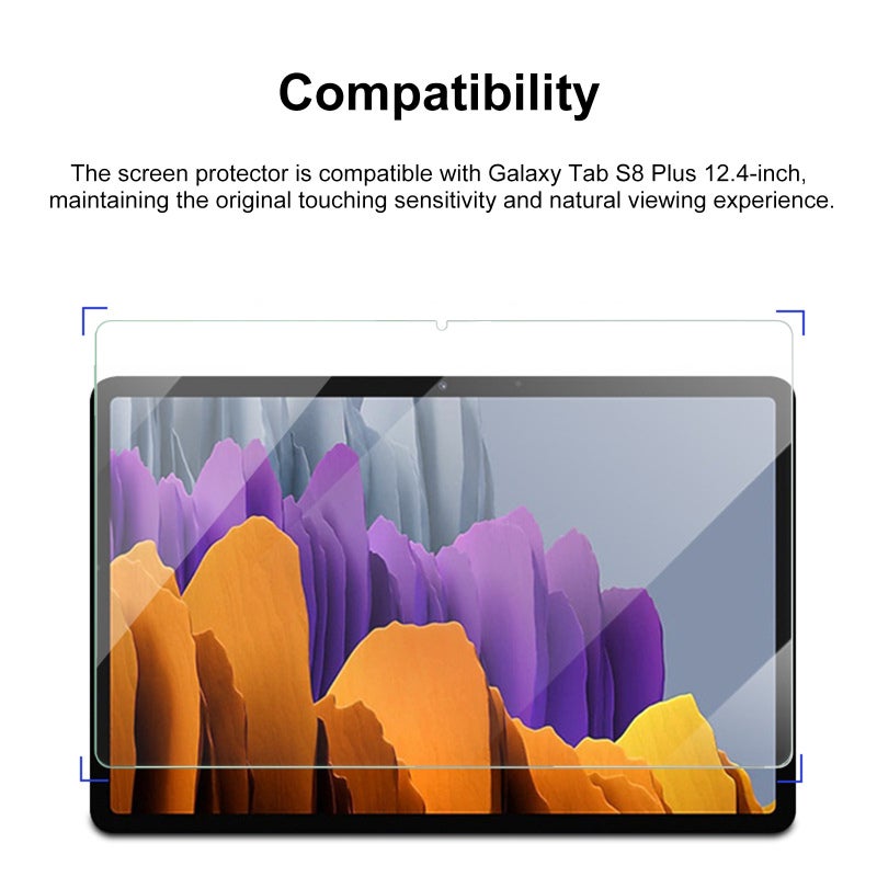 واقي شاشة من الزجاج المقسى 12.4 بوصة بصلابة 9H لجهاز Galaxy Tab S8 Plus - عبوة من قطعتين، طبقة مقاومة للخدش وبصمات الأصابع مع شفافية عالية للرؤية - Image 2
