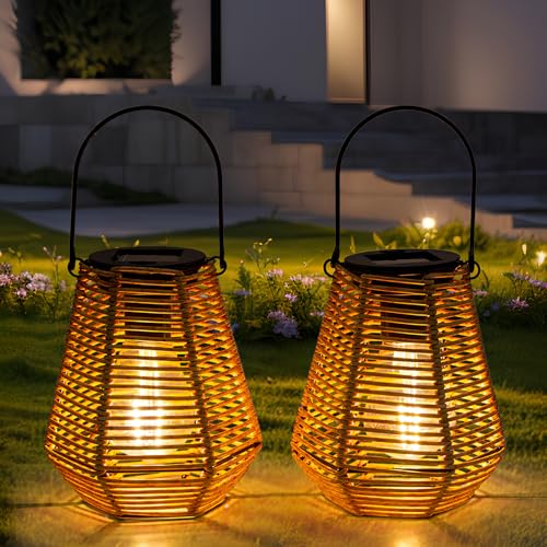 Venniy Solar Lanterns Outdoor Waterproof,Solar Lights for Outside Hanging Lights Outdoor Rattan Lantern Decoration for Garden, 2 Pack - Image 1