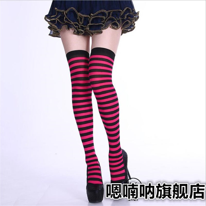 Halloween Day Cosplay Color Stitching Striped Thigh Socks Christmas Siaman Pantyhose Stockings Wholesale Black striped thigh socks 