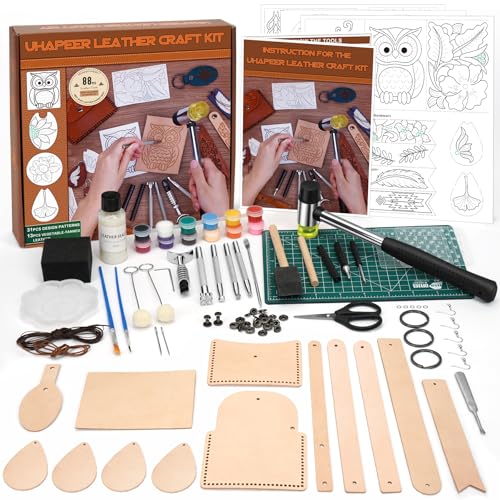UHAPEER 88PCS Leather Crafting Kit Leather Working Tools and Supplies for Adult with Stamping Dyeing Carving Tools Video Tutorial for Beginners to DIY Earring Wallet Keychain Wristband - Image 1