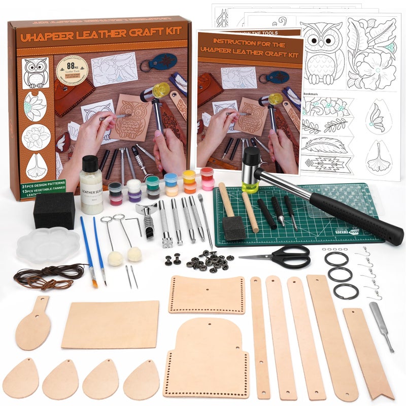 UHAPEER 88PCS Leather Crafting Kit Leather Working Tools and Supplies for Adult with Stamping Dyeing Carving Tools Video Tutorial for Beginners to DIY Earring Wallet Keychain Wristband - Image 2