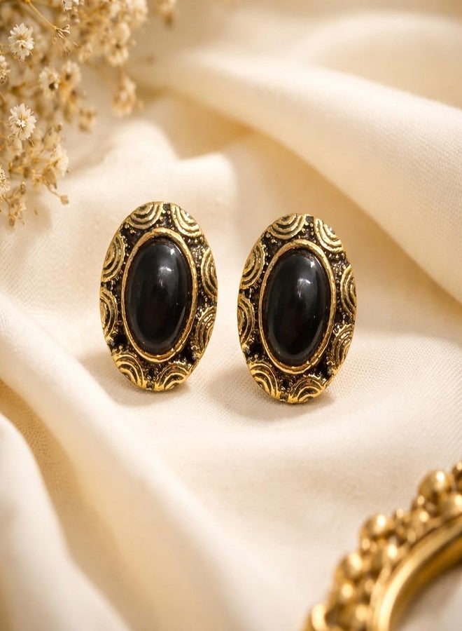 ACCESSHER Women's & Girls Traditional Oxidised Golden Textured Black Stud Earrings Classic Oval Small Stud Earrings, Stylish Fashion Accessories Jewellery for Gifting - Image 3