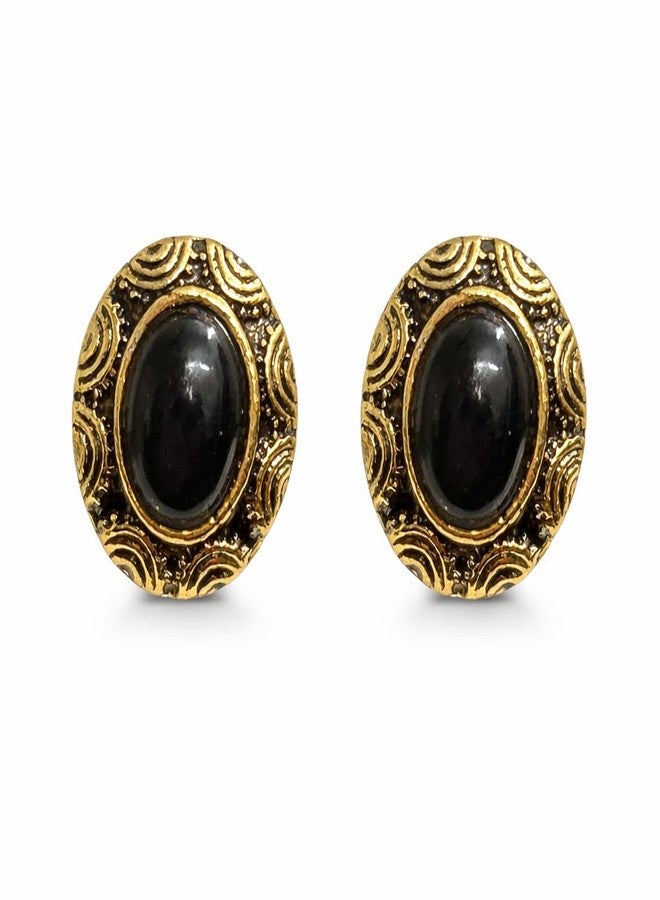ACCESSHER Women's & Girls Traditional Oxidised Golden Textured Black Stud Earrings Classic Oval Small Stud Earrings, Stylish Fashion Accessories Jewellery for Gifting - Image 1