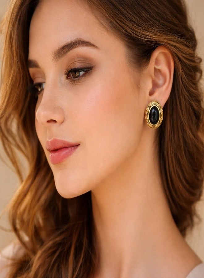 ACCESSHER Women's & Girls Traditional Oxidised Golden Textured Black Stud Earrings Classic Oval Small Stud Earrings, Stylish Fashion Accessories Jewellery for Gifting - Image 5