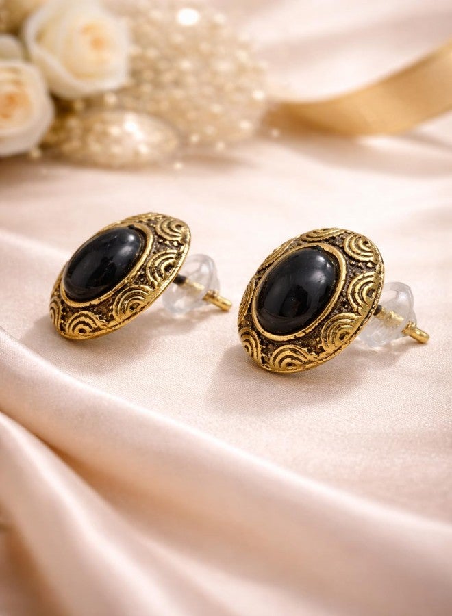 ACCESSHER Women's & Girls Traditional Oxidised Golden Textured Black Stud Earrings Classic Oval Small Stud Earrings, Stylish Fashion Accessories Jewellery for Gifting - Image 4
