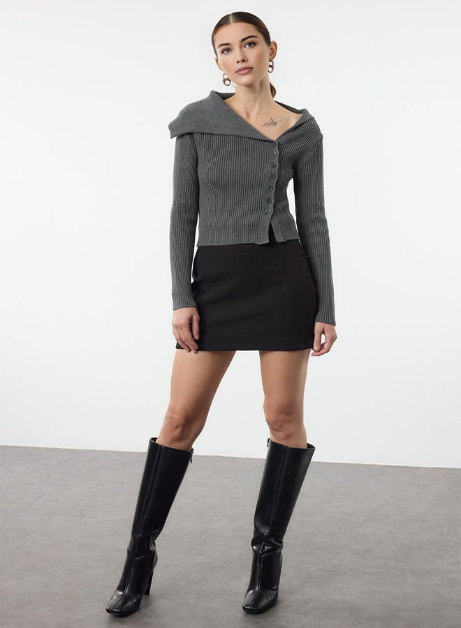 trendyol Anthracite Mercerized Look Premium Yarn/Special Yarn Fitted/Body Hugging Knitwear Cardigan - Image 2