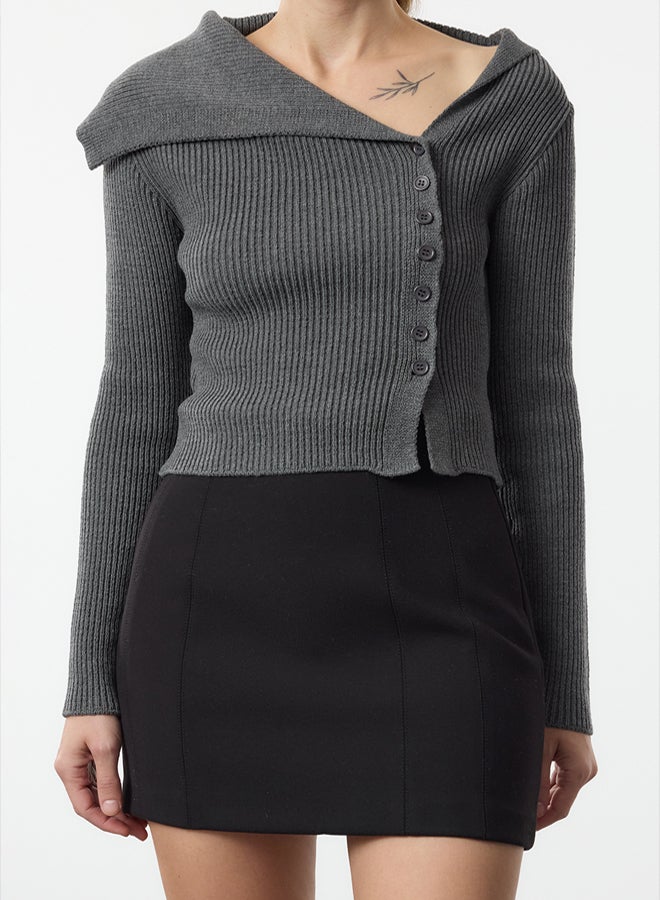 trendyol Anthracite Mercerized Look Premium Yarn/Special Yarn Fitted/Body Hugging Knitwear Cardigan - Image 4
