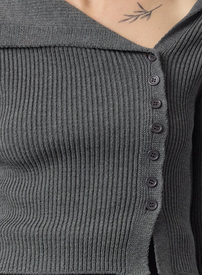 trendyol Anthracite Mercerized Look Premium Yarn/Special Yarn Fitted/Body Hugging Knitwear Cardigan - Image 3