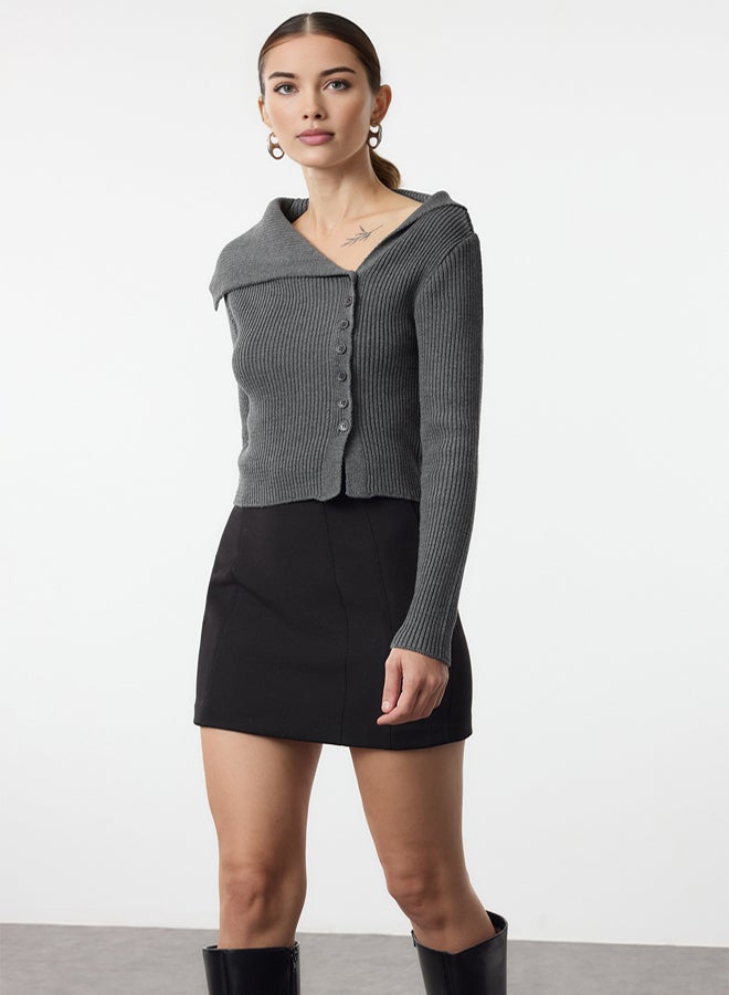 trendyol Anthracite Mercerized Look Premium Yarn/Special Yarn Fitted/Body Hugging Knitwear Cardigan - Image 1