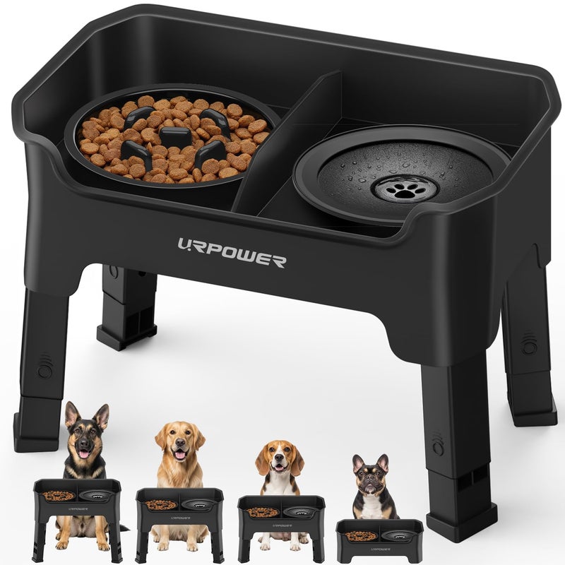 URPOWER Mess Proof Elevated Dog Bowls 4 Height Adjustable Raised Stand with No Spill Water Bowl and Slow Feeder Dog Bowls Non-Slip Food and Water Bowl Set for Small, Medium & Large Dogs - Image 1