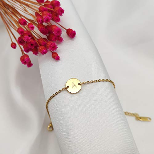 Glimmerst Personalized Initial Bracelet, 18K Gold Plated Stainless Steel Letter A Bracelet Dainty Coin Charm Bracelet Delicate Disc Name Bracelet for Women - Image 3