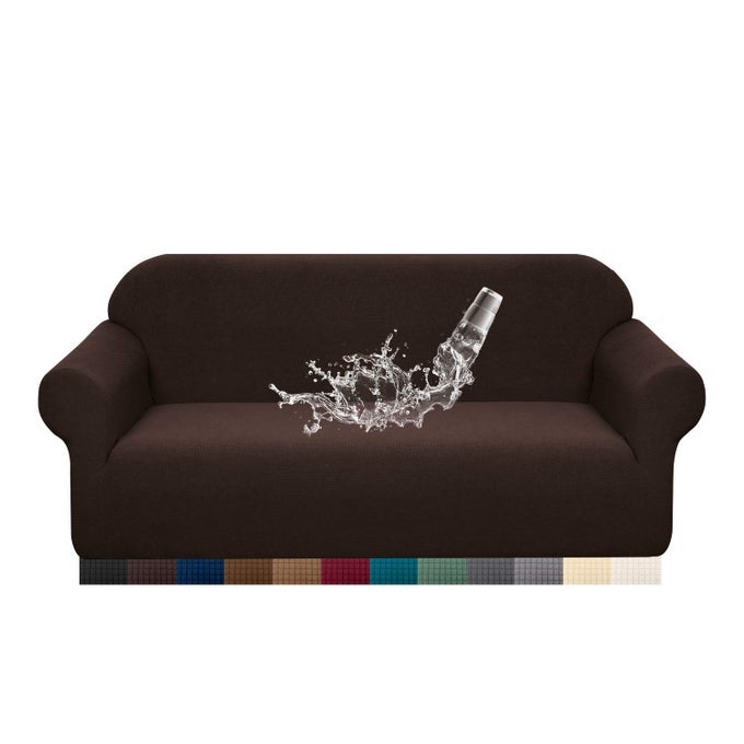 PREMUIM WATER REPELLENT SOFA COVERS 2 SEATER 1 PIECE STRETCH LOVESEAT SOFA COVERS NON SLIP LOVE SEAT COVERS FOR LIVING ROOM JACQUARD SPANDEX FURNITURE PROTECTOR 2 SEATER CHOCOLATE